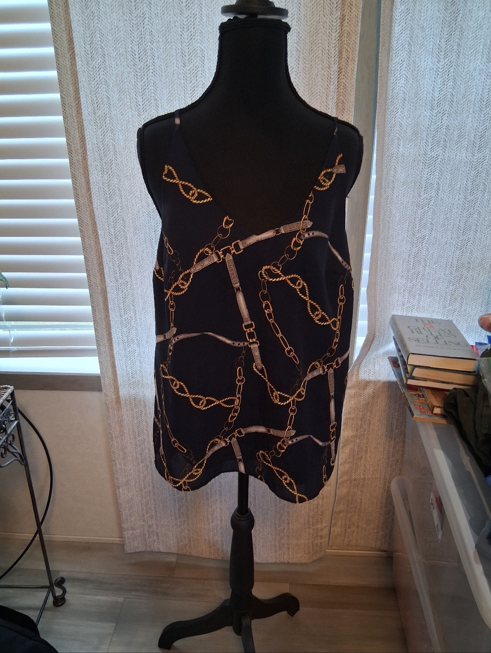 Banana Republic Black Satin Cami with Gold Chain Print Soze Small